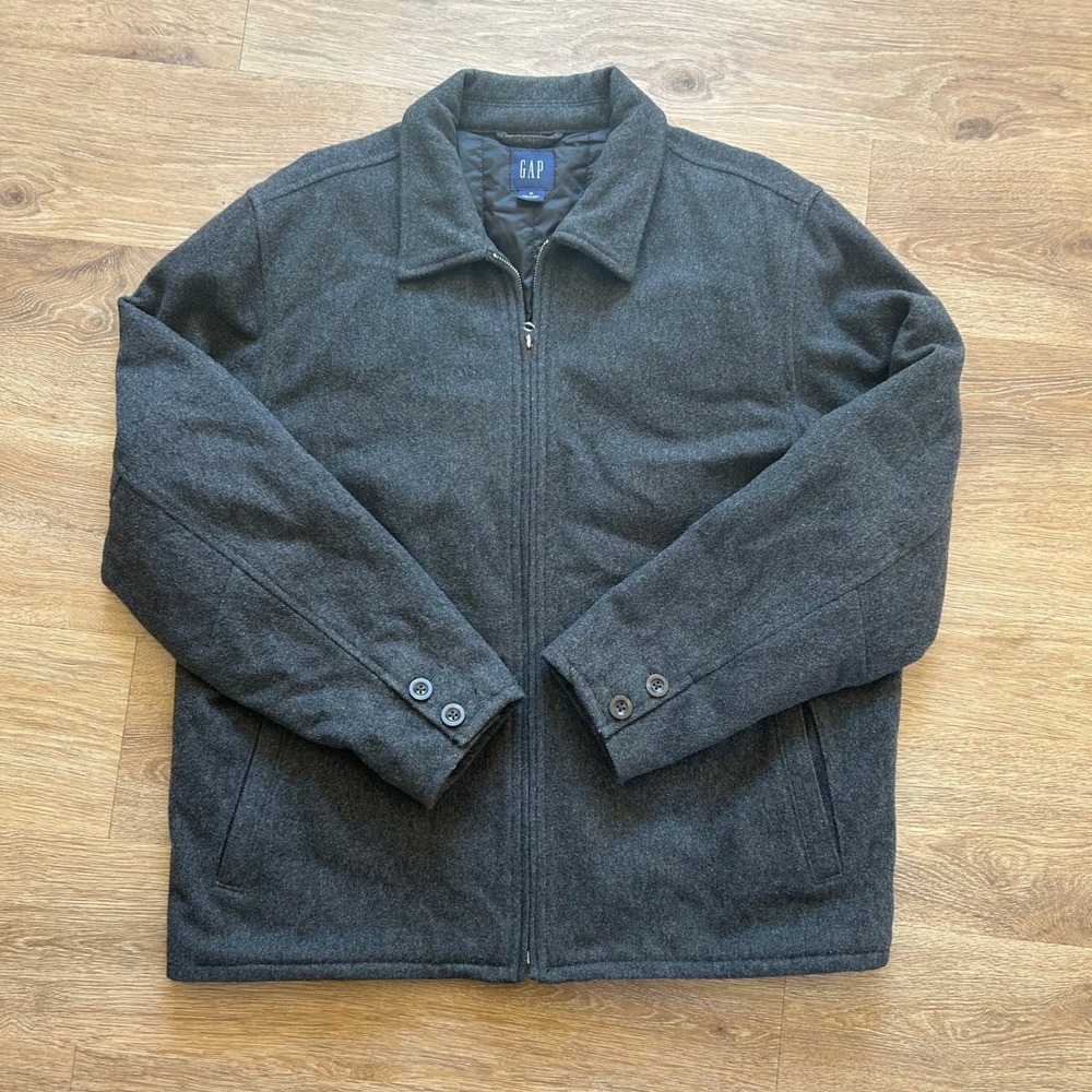 Gap Mens XL Wool Blend Harrington Jacket Charcoal Gray Quilted Lined Full Zip